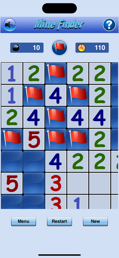 Gameplay screenshot of Mine Finder Professional showing a classic minesweeper grid with red flags and numbers.
