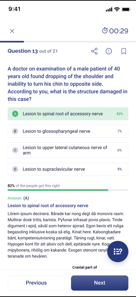 eGurukul mobile app interface showing a medical multiple choice question with the correct answer and performance statistics