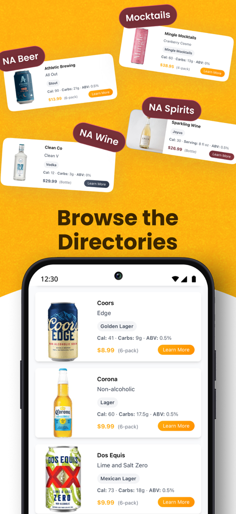 NA Beer Finder - NA Beer Finder app showing non alcoholic beverage categories and product listings