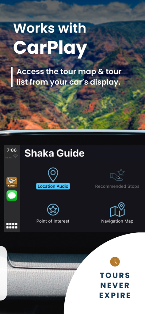 Shaka Kauai Audio Tour Guide - Shaka Guide audio tour app interface displayed on a vehicle dashboard using CarPlay
