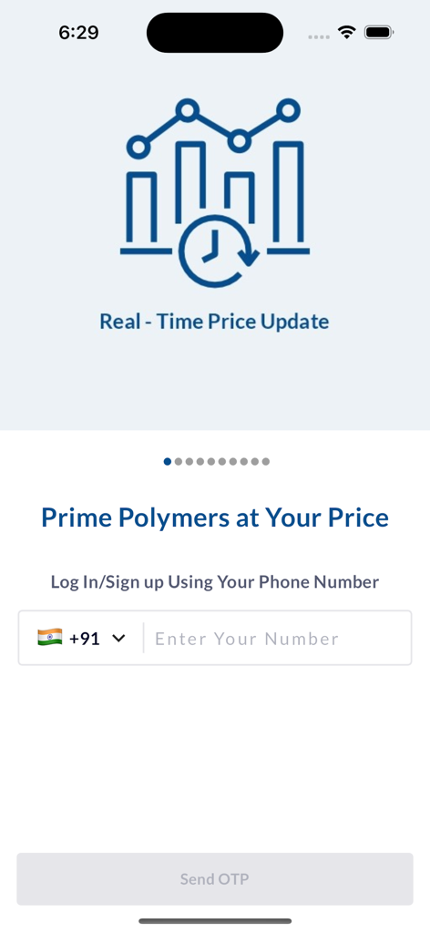 Pantalla de inicio de sesión de la aplicación BSB Polymer Trading que muestra el icono de actualización de precios en tiempo real y el campo de autenticación por número de teléfono
