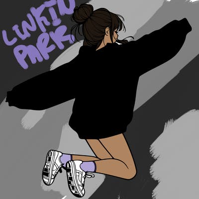 realistic girl jumping with a bun and oversized sweatshirt