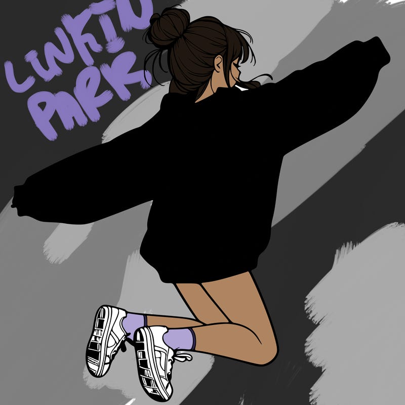 realistic girl jumping with a bun and oversized sweatshirt