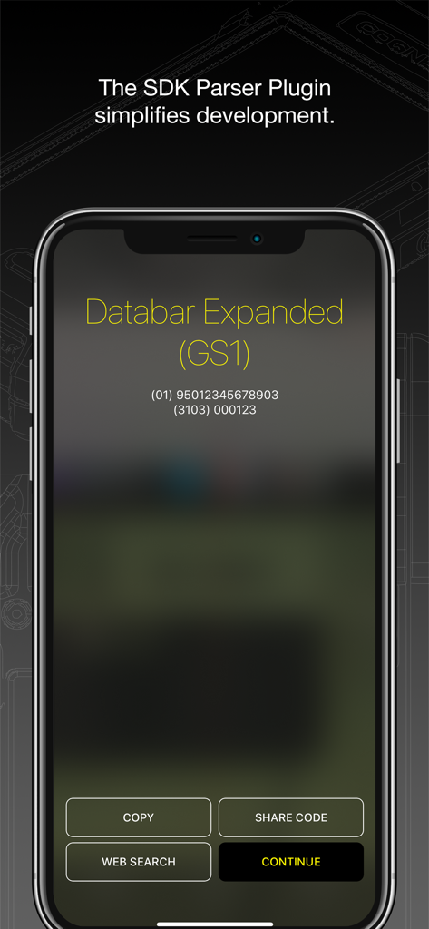 Barcode Scanners - Cognex Barcode Scanner app screen showing parsed GS1 Databar Expanded data