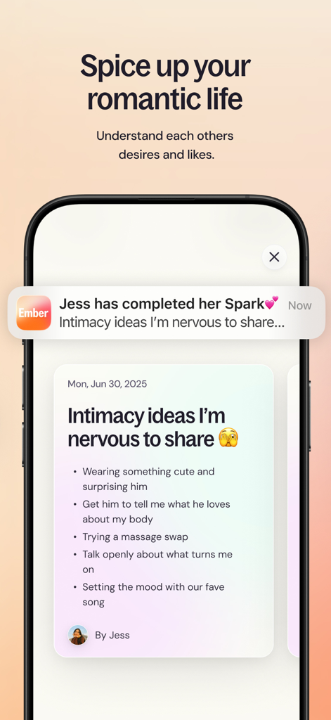 Ember: AI Relationship Coach - Interface of the Ember app showing a list of shared intimacy ideas and relationship prompts.