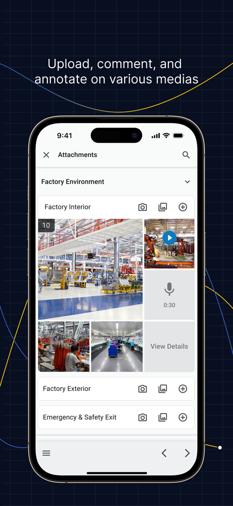TBY Inspection Pro - Interfaz de la aplicación móvil TBY Inspection Pro para cargar y anotar fotos y videos de auditorías de fábrica.