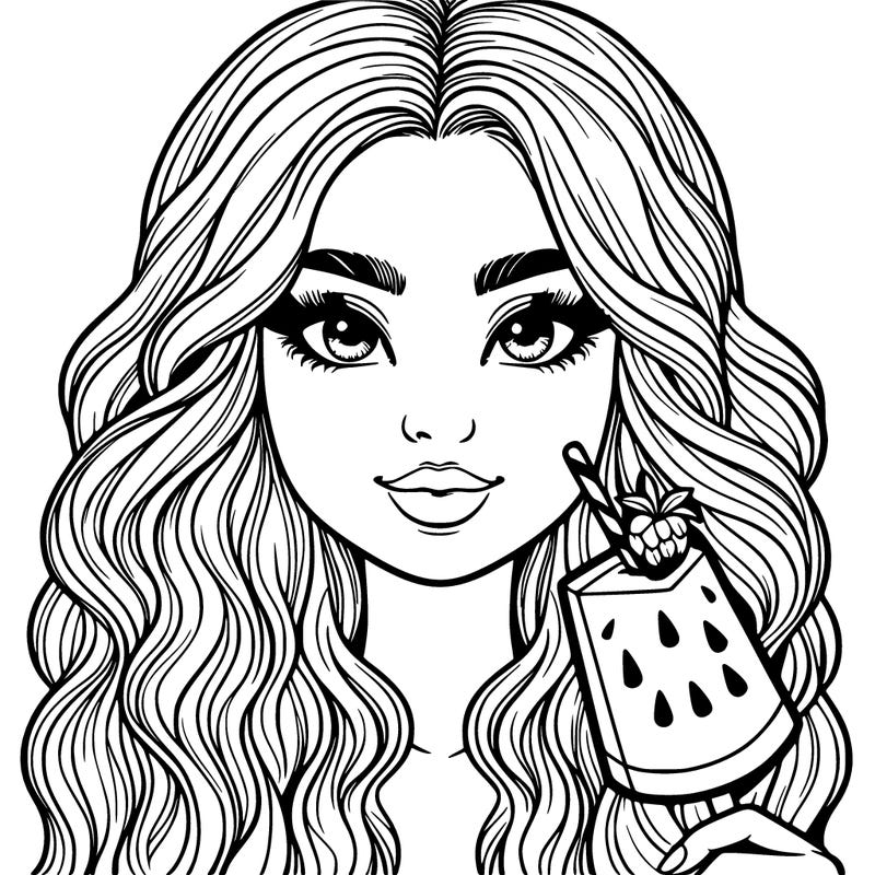realistic girl face in the summer with wavy long hair and an watermelon icy pole