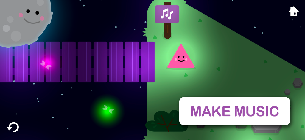 Goodness Shapes Shuffle - Un personaje de triángulo rosa sonriente y un botón para hacer música en una escena nocturna