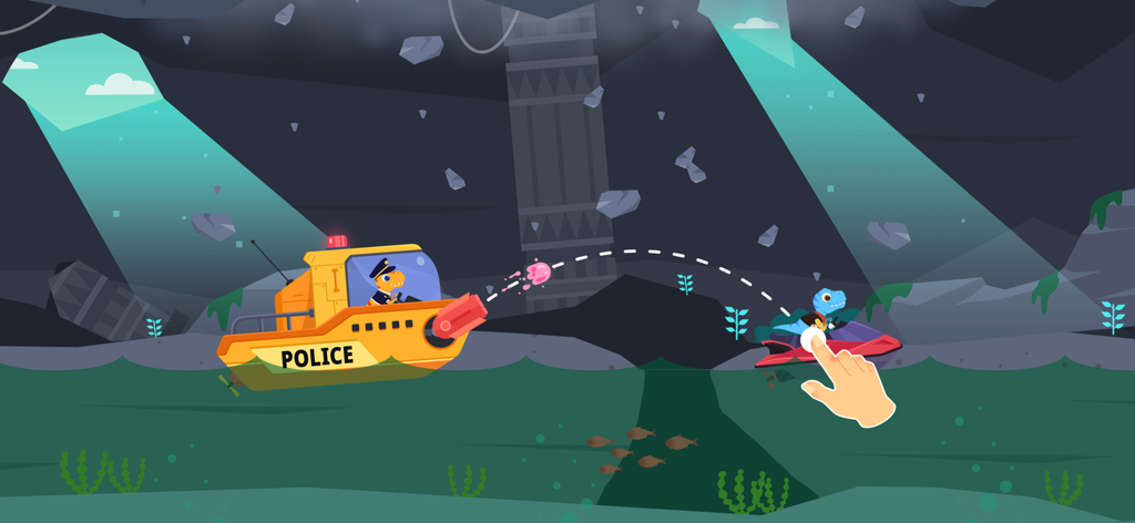 暗い地下洞窟を容疑者を追跡する黄色いボートに乗った恐竜警察官。