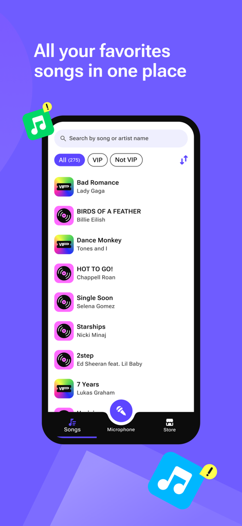 Let's Sing Companion - Smartphone interface of Let's Sing Companion app showing a library of popular karaoke songs like Bad Romance and Birds of a Feather.