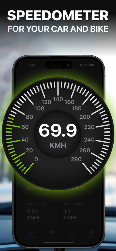 GPS Speedometer: HUD Speed - GPS speedometer app interface for car and bike showing speed in KMH