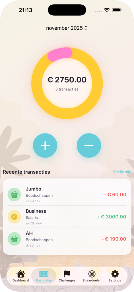 Budget Challenge App - A mobile app screen showing recent financial transactions and a budget balance ring.