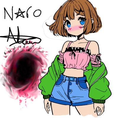 anime girl with mini shorts and a crop top and short hair