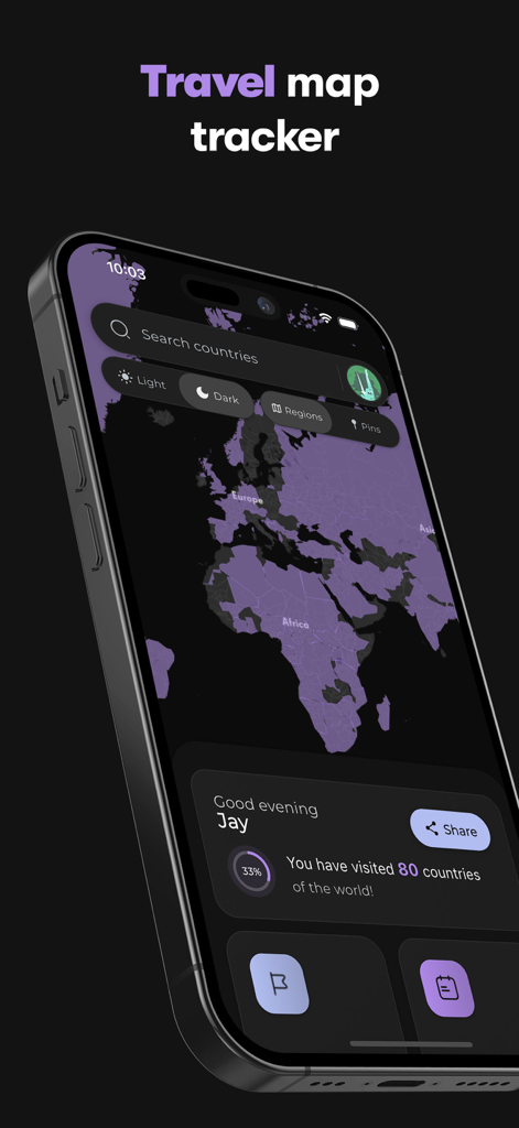 Tripnote app interface showing a dark mode world map tracker with visited countries highlighted in purple and a statistics dashboard