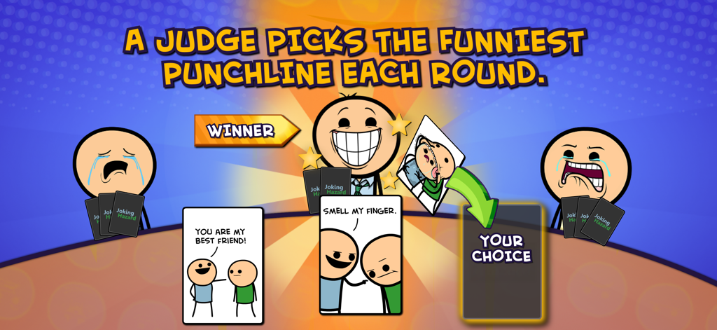 Stick figure characters playing a round of Joking Hazard where a judge selects the winning comic punchline