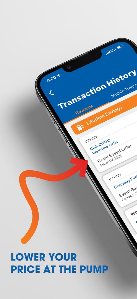 Club CITGO app screen showing gas transaction history and lifetime rewards savings