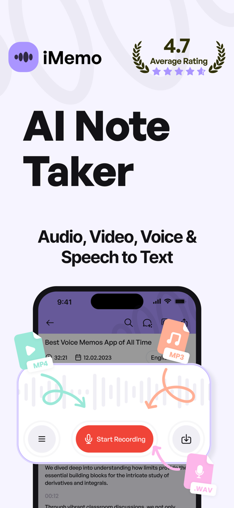 iMemo AI Note Taking & Summary - iMemo AI Note Taker app interface showing voice recording and speech to text transcription features