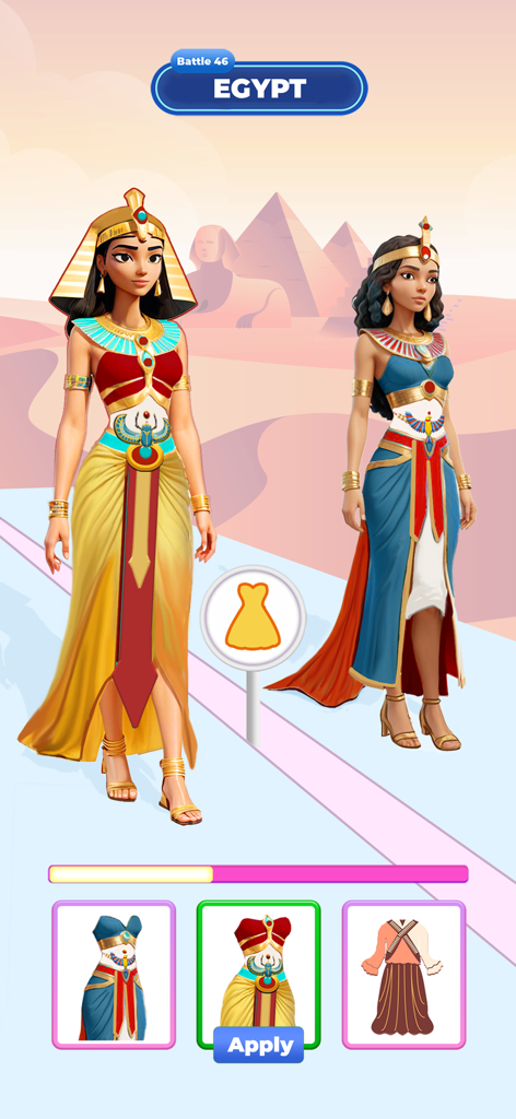 Fashion Battle: Catwalk Show - Dos modelos vestidas con atuendos egipcios compitiendo en una pasarela de batalla de moda