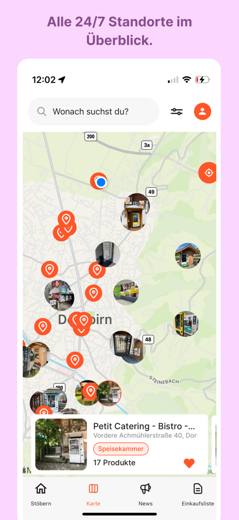 Xibee - Xibee app map interface showing locations of 24/7 automated kiosks and local vending machines
