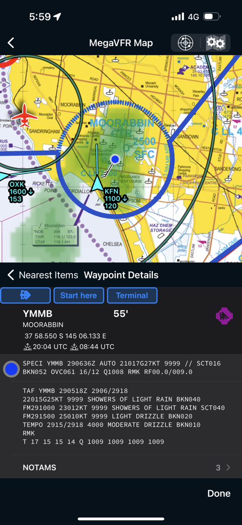 AvPlan EFB - AvPlan EFB Navigationsbildschirm mit Flugkarte und Flughafendetails