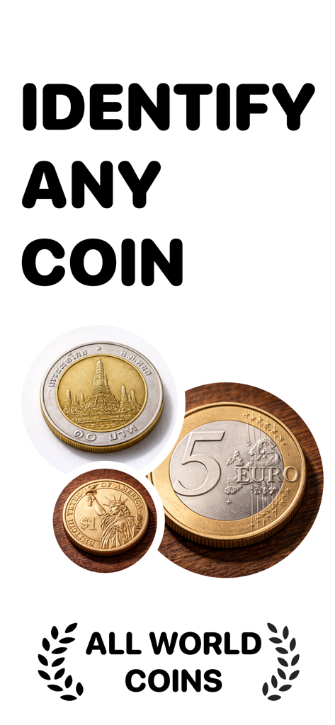 Coin Identifier: Worth Value - Una pantalla de la aplicación Identificador de Monedas que muestra varias monedas internacionales, incluyendo un dólar estadounidense y un euro, con el texto Identifica Cualquier Moneda.