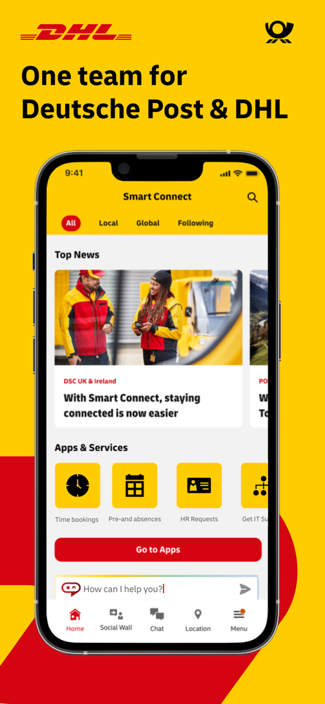 Mobile interface of the Smart Connect app for DHL and Deutsche Post employees showing news and employee services