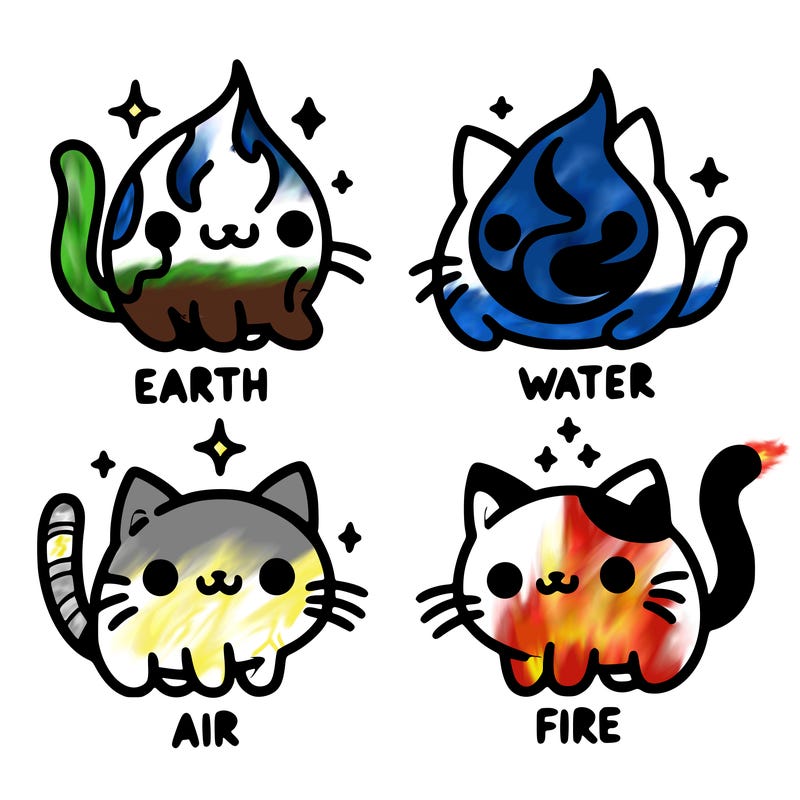4 cats that represent the different elements, earth, water, air, and fire