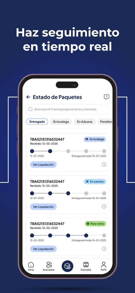 RioCargo Express - RioCargo Express mobile app screen displaying real-time tracking status for multiple packages including warehouse and transit stages.