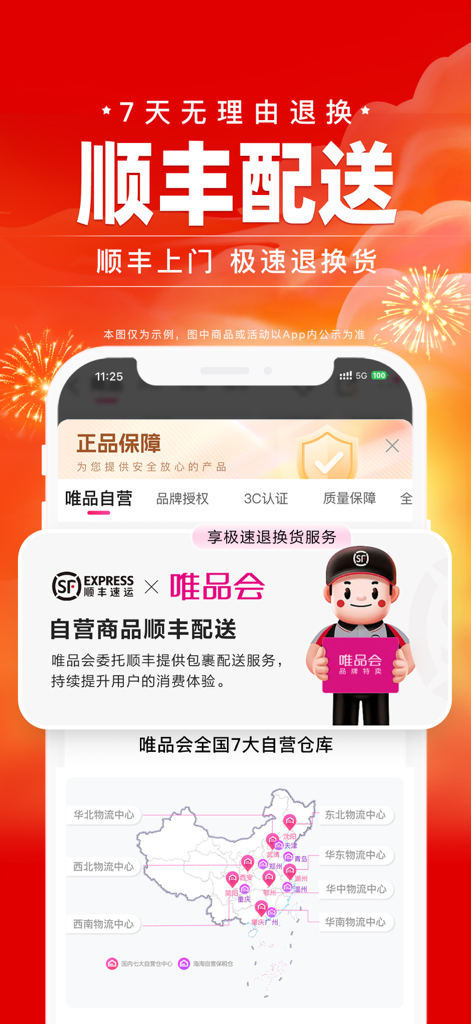 Interface do aplicativo Vipshop exibindo serviços de entrega da SF Express, devoluções em 7 dias e um mapa de locais de armazém em toda a China.