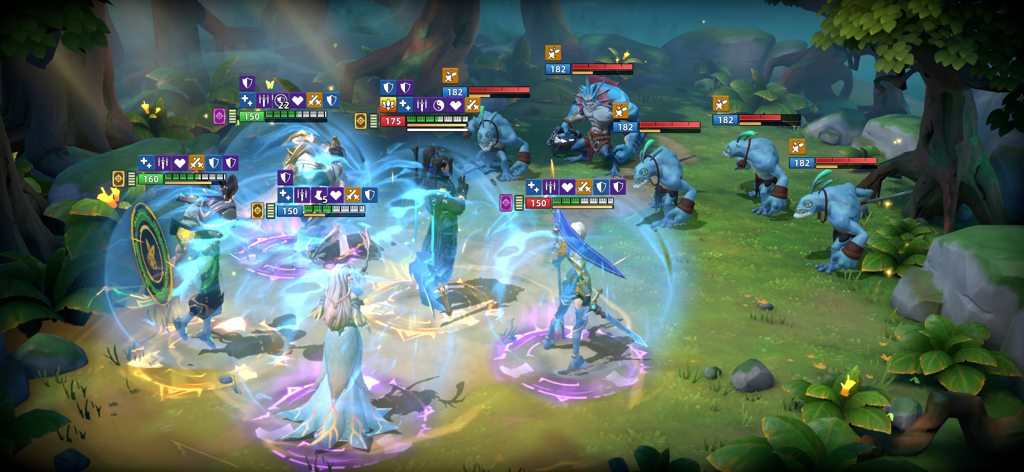A 3D tactical battle in Infinite Magicraid featuring a team of heroes fighting monsters in a forest with magical skill effects and status icons.