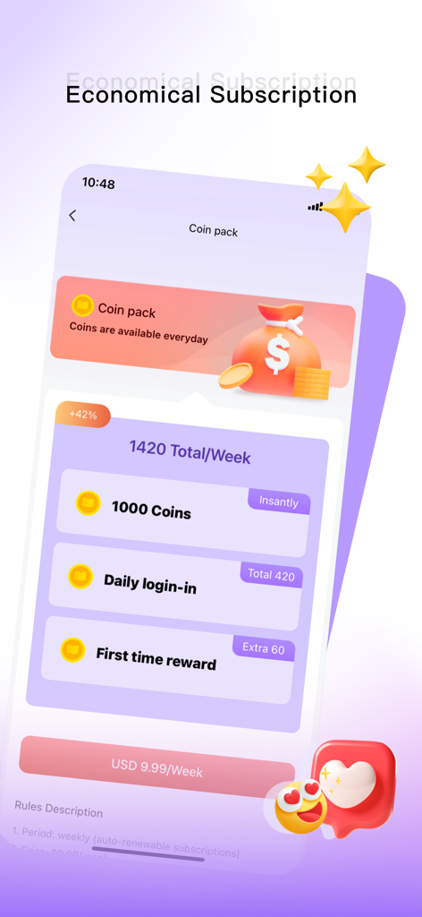 NovelShort app subscription screen showing weekly coin pack rewards and pricing