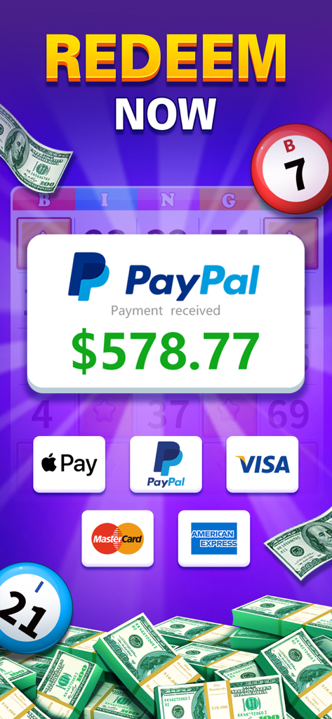 Bingo Cash: Win Real Money - A mobile app screenshot for Bingo Cash showing a 578 dollar PayPal payment received notification and various payment icons like Apple Pay and Visa.