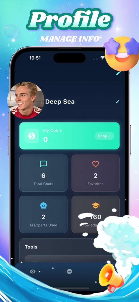 Onix - Fun & Happy - Mobile app profile screen for Onix AI showing user statistics and a deep sea theme.