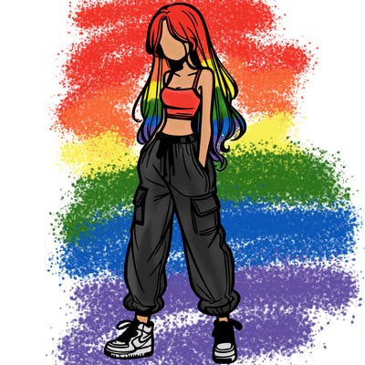 girl in baggy pants crop top and long hair