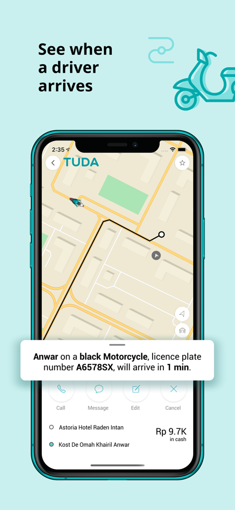 TUDA — rides and delivery - Interfaz de la aplicación TUDA mostrando el seguimiento del conductor en tiempo real en un mapa con notificación de llegada del vehículo y detalles de la tarifa