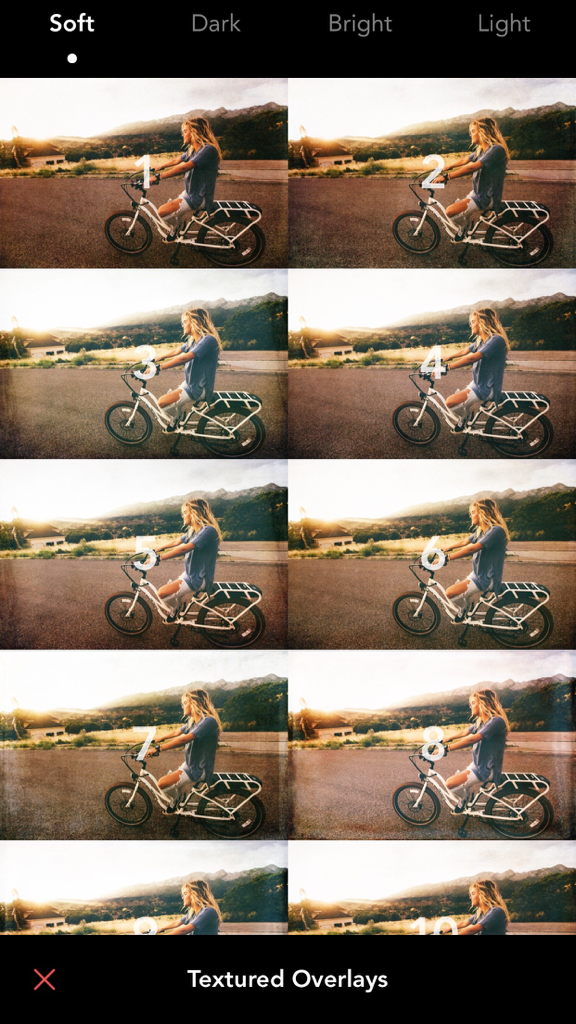 Filters for iPhone and iPad - Una cuadrícula de diez vistas previas de fotos que muestran diferentes efectos numerados de superposición texturizada aplicados a una imagen de una mujer en bicicleta al atardecer.