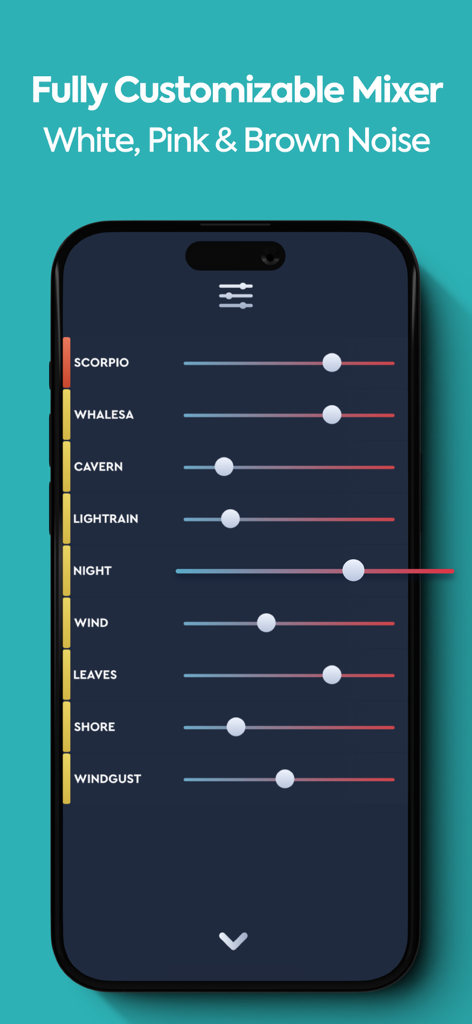 Interfaccia dell'app Guva che mostra un mixer audio completamente personalizzabile con cursori per suoni della natura e ambientali