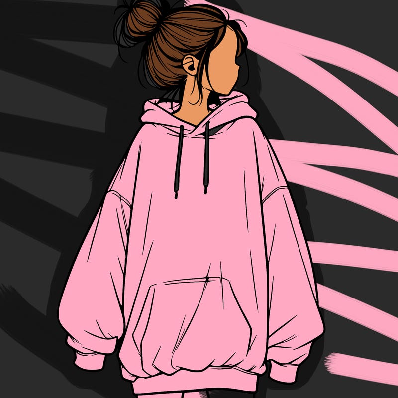 realistic girl with a oversized sweatshirt on and a bun