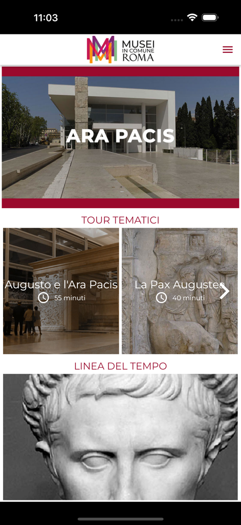 Ara Pacis Roma - Ara Pacis Roma mobile app interface showing museum thematic tours and a historical timeline