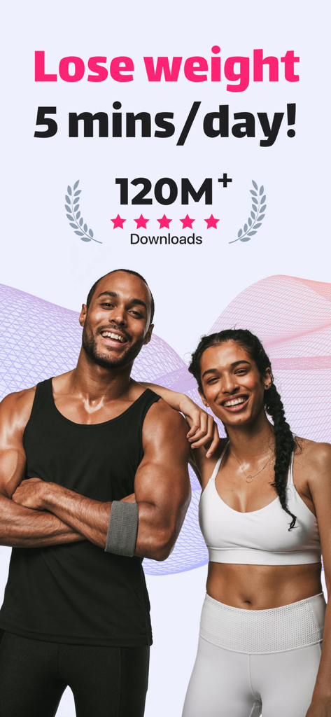 Fit man and woman smiling with text for five minute daily weight loss workouts