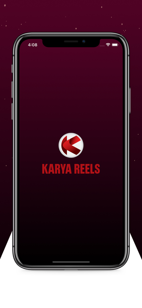 Karya Reels - The splash screen of the Karya Reels mobile app showing its logo and name on a dark maroon background inside a smartphone frame.