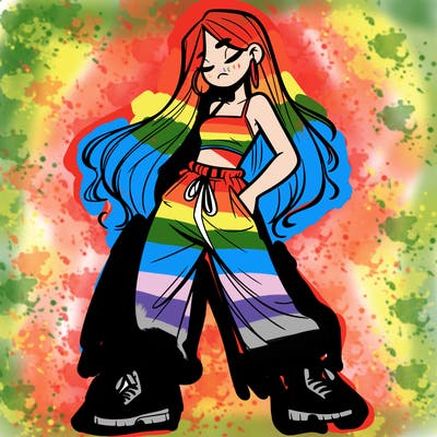 girl in baggy pants crop top and long hair