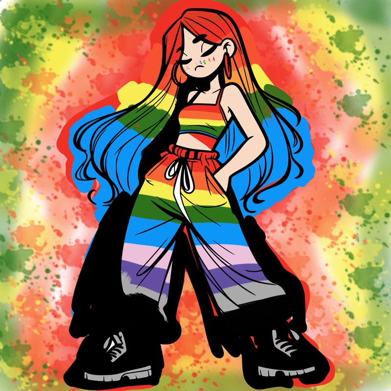 girl in baggy pants crop top and long hair