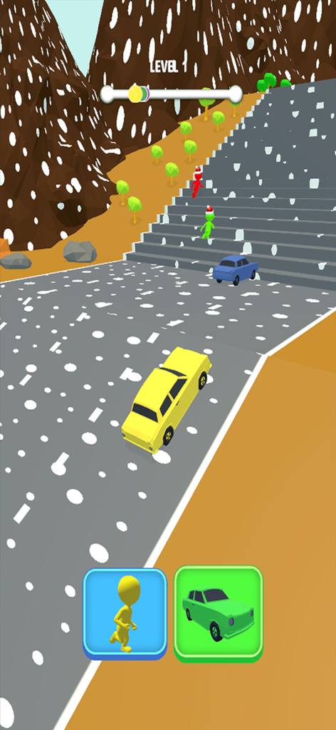 Car Shape Funny Transform Race - Um carro amarelo correndo em um jogo de transformação de mudança de forma com fundo de montanha