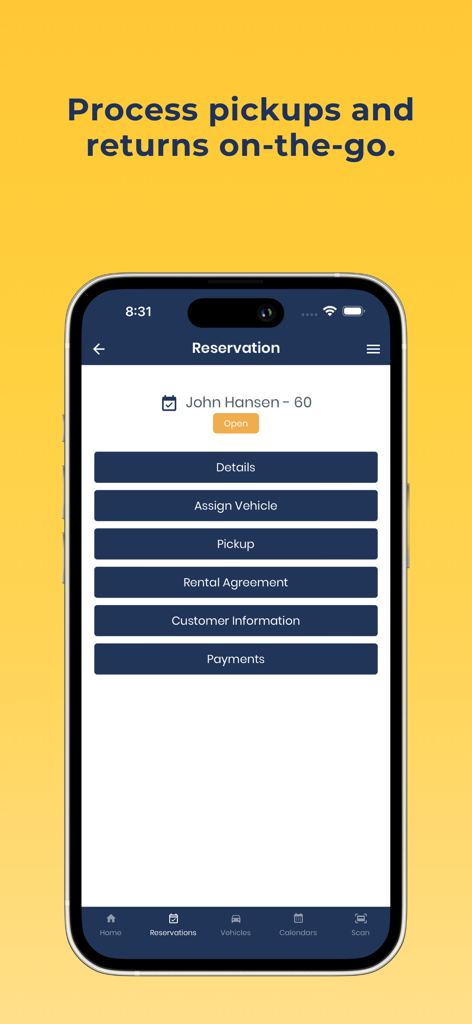 HQ Rentals - Aplicação móvel HQ Rentals mostrando um ecrã de gestão de reservas com opções de recolha de veículo e contratos de aluguer
