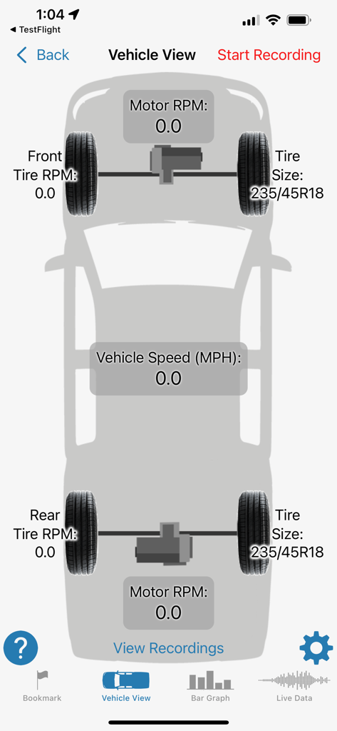 車の輪郭上にタイヤとモーターのRPM測定値を表示するNVHアプリの車両ビュー