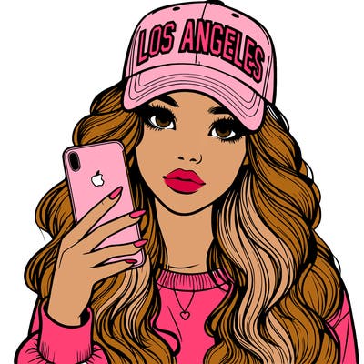 realistic beautiful girl wearing los ángeles cap holding an iphone