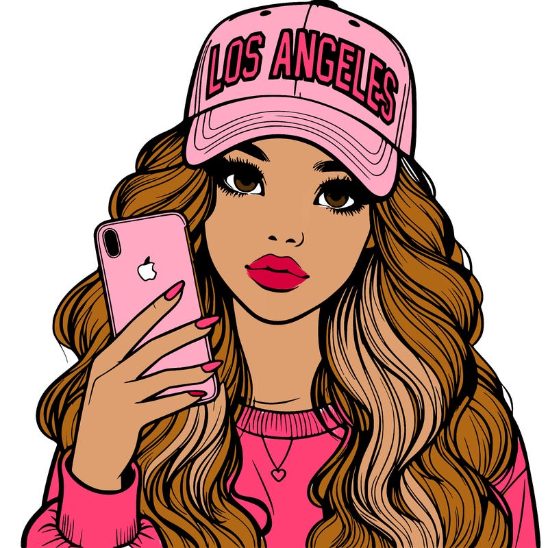 realistic beautiful girl wearing los ángeles cap holding an iphone