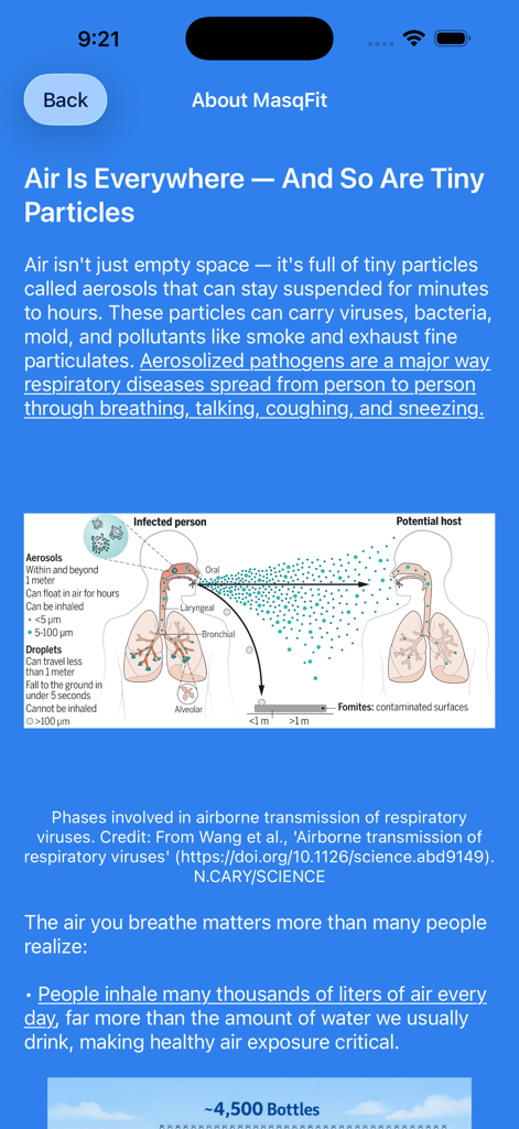 MasqFit - MasqFit 정보 화면, 감염된 사람과 숙주 간의 공기 중 호흡기 바이러스 전파에 대한 과학적 다이어그램 포함