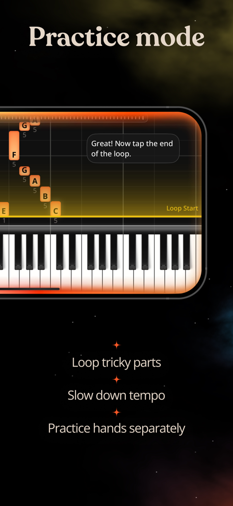Artie: Learn Piano with AI - Artie piano app practice mode interface showing looping and tempo tools